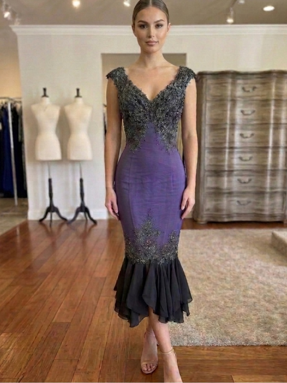 Elegant Purple Midi Dress with Black Ruffle Hem. More picture coming soon